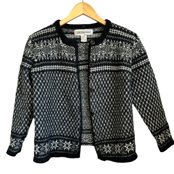 Vintage Crystal Kobe Fair Isle Wool Cardigan Sweater‎ Size Medium Black White - Picture 1 of 5